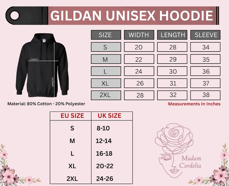 The image is a size chart for a GILDA UNISE hoodie, providing measurements for different sizes and corresponding measurements in inches.
