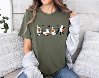 Ghost Cat Tshirt, Halloween Cat T-Shirt, Pumpkin Cat Shirt, Halloween Gift T shirt, Spooky Season Shirt, Black Cat Tee, Cat Lover Shirt