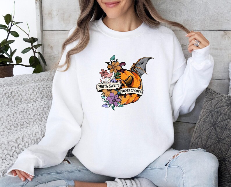 Sorta Sweet Sweatshirt, Sorta Spooky Sweater, Pumpkin Sorta Jumper, Halloween Spooky Season Top, Sorta Sweet Sweater, Bat Pumpkin Sweater image 2