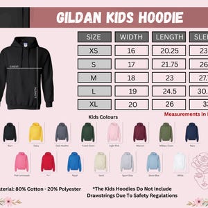 The image is a detailed size chart for a GILDA kids hoodie, including measurements for different sizes and corresponding sleeve lengths. The chart also displays a variety of kids' hoodie colors and material information.