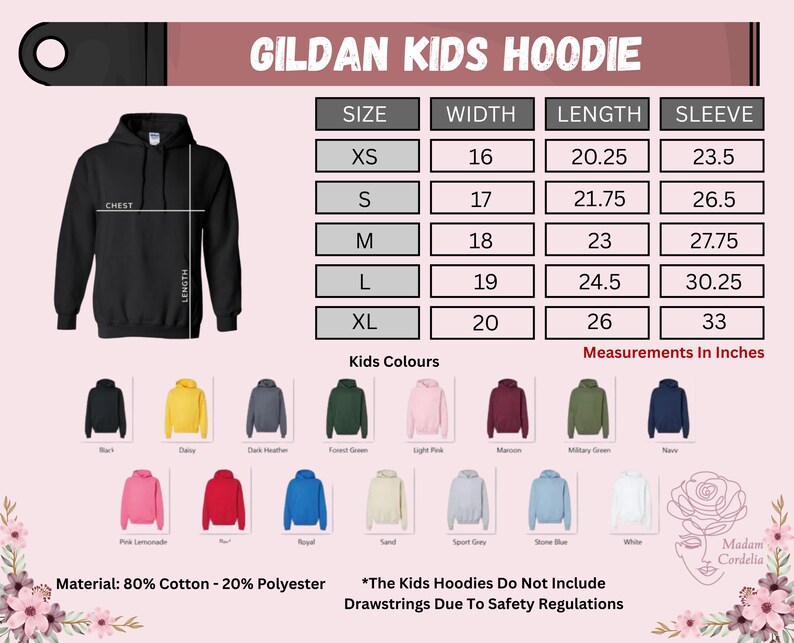 The image is a detailed size chart for a GILDA kids hoodie, including measurements for different sizes and corresponding sleeve lengths. The chart also displays a variety of kids' hoodie colors and material information.