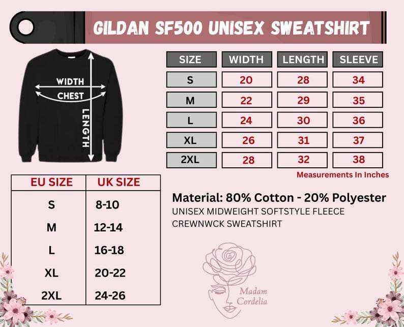 The image is a collage of various images, including a black and white photo of a GILDA SF500 UNISE SWEATSHIRT, a size chart, and a UK size chart. The image does not contain any text that can be described in detail.