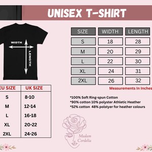 The image is a t-shirt size chart for a unisex t-shirt, providing measurements in inches for different sizes.