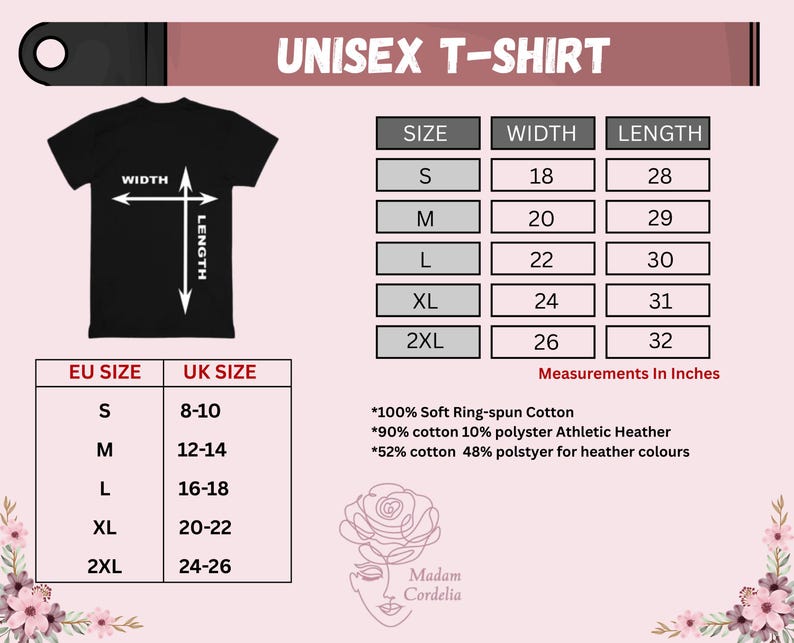 The image is a t-shirt size chart for a unisex t-shirt, providing measurements in inches for different sizes.