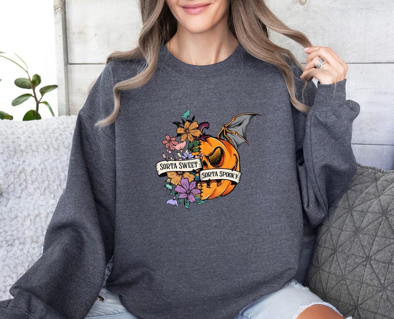 Sorta Sweet Sweatshirt, Sorta Spooky Sweater, Pumpkin Sorta Jumper, Halloween Spooky Season Top, Sorta Sweet Sweater, Bat Pumpkin Sweater image 6