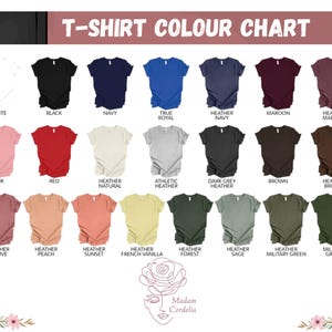 The image is a color chart displaying various t-shirt colors, including white, black, navy, royal, heather, maroon, pink, red, heather, vanilla, forest, sunset, french vanilla, forest, heather, green, military green, and olive.