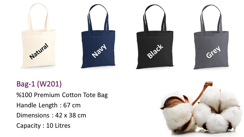 Puede incluir: Cuatro bolsas de mano de algod&oacute;n en natural, azul marino, negro y gris. Cada bolsa tiene un asa y el nombre del color impreso. La longitud del asa es de 67 cm y las dimensiones son 42 x 38 cm. La capacidad es de 10 litros.