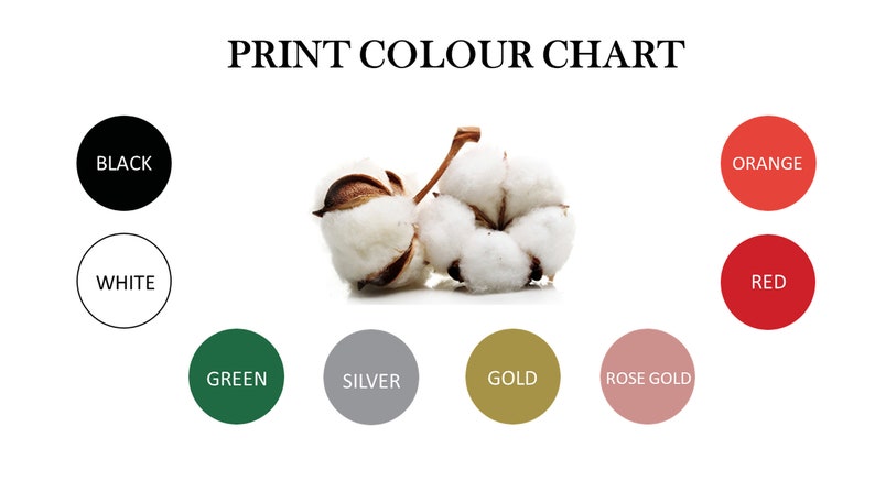 Puede incluir: Una carta de colores de impresi&oacute;n con una ramita de algod&oacute;n y muestras de color. La carta incluye opciones de color negro, blanco, verde, plata, oro, oro rosa, naranja y rojo. El texto "PRINT COLOUR CHART" est&aacute; en la parte superior.