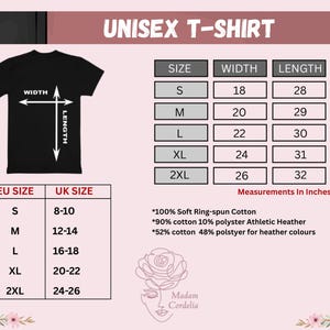 The image is a t-shirt size chart for a unisex t-shirt, providing measurements in inches for different sizes.