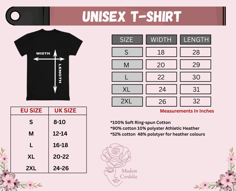 The image is a t-shirt size chart for a unisex t-shirt, providing measurements in inches for different sizes.