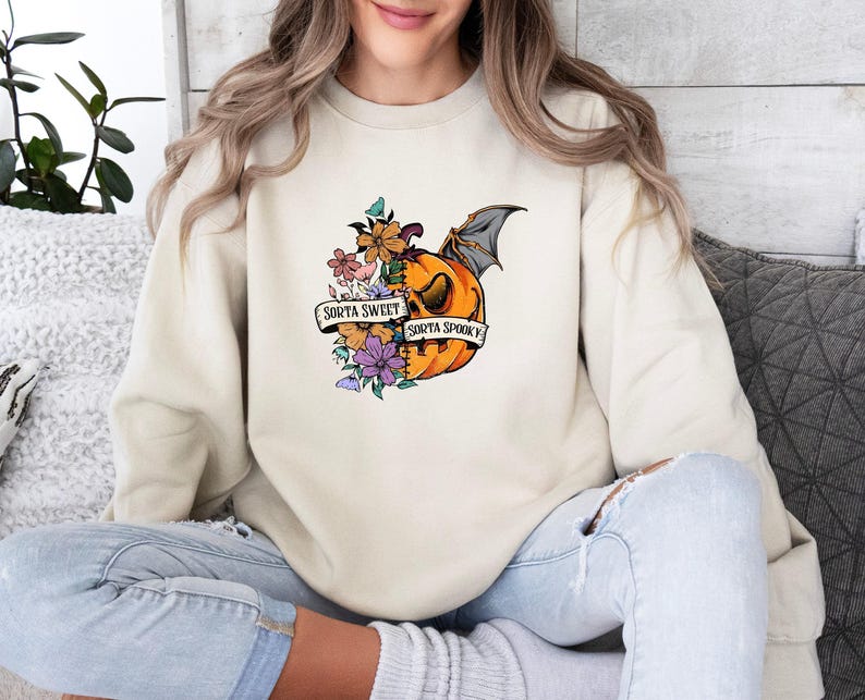 Sorta Sweet Sweatshirt, Sorta Spooky Sweater, Pumpkin Sorta Jumper, Halloween Spooky Season Top, Sorta Sweet Sweater, Bat Pumpkin Sweater image 4