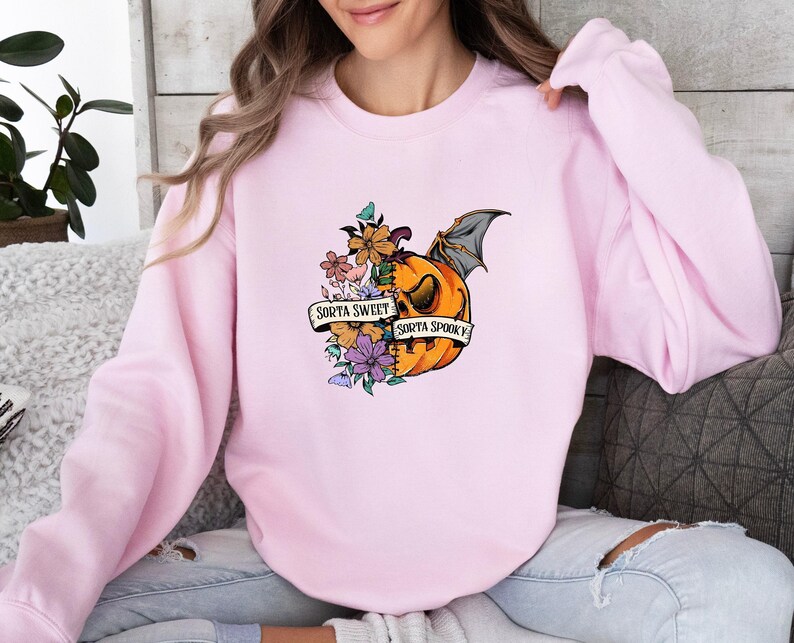 Sorta Sweet Sweatshirt, Sorta Spooky Sweater, Pumpkin Sorta Jumper, Halloween Spooky Season Top, Sorta Sweet Sweater, Bat Pumpkin Sweater image 7
