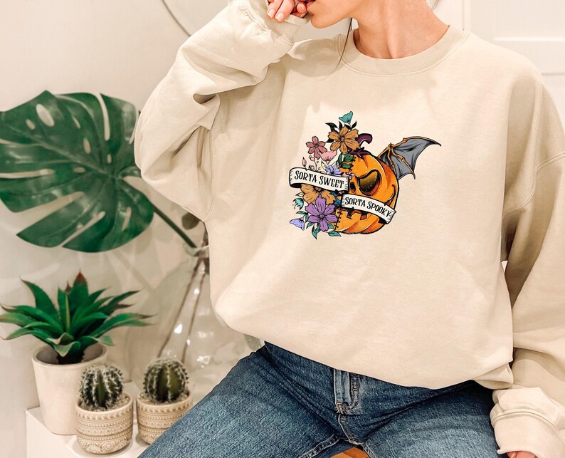 Sorta Sweet Sweatshirt, Sorta Spooky Sweater, Pumpkin Sorta Jumper, Halloween Spooky Season Top, Sorta Sweet Sweater, Bat Pumpkin Sweater image 8