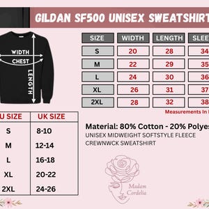 The image is a collage of various images, including a black and white photo of a GILDA SF500 UNISE SWEATSHIRT, a size chart, and a UK size chart. The image does not contain any text that can be described in detail.