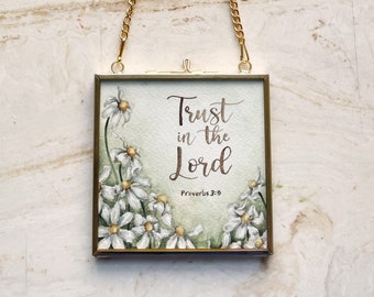 Floral Trust the Lord Original Watercolor Wall Hanging, Proverbs 3:5, Gold Framed Art