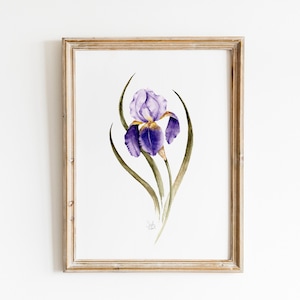 May include: A framed watercolor painting of a purple iris flower with green leaves on a white background.
