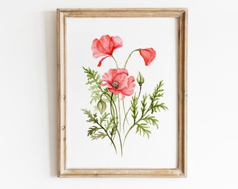 Red Poppy Watercolor Print, Botanical Wall Art, Cottagecore Home Decor