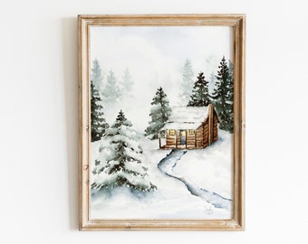 Snowy Cabin Watercolor Print, Winter Landscape Print, Christmas Wall Art, Holiday Print