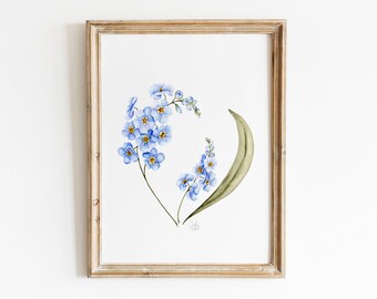Forget Me Nots Watercolor Print, Vintage Botanical Wall Art, Forget Me Nots Painting, Watercolor Painting, Forget Me Nots Farmhouse