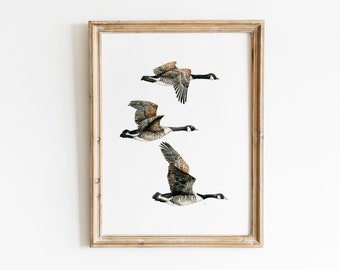 Geese Art Print, Canadian Geese Flying, Watercolor Bird Painting, Brown Geese, Goose Painting