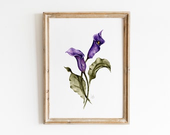 Calla Lilies Watercolor Print, Vintage Botanical Wall Art, Purple Calla Lily Painting