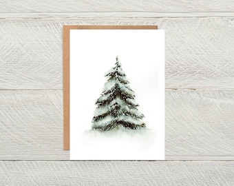 Snowy Pine Tree Blank Cards, Christmas Watercolor Greeting Cards, Holiday Card, Thank You Card