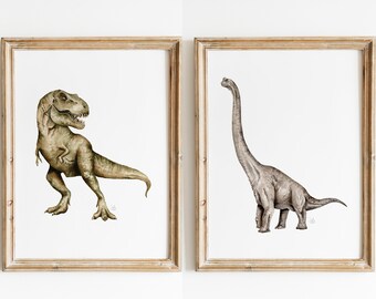 Watercolor Dinosaur Prints, T-Rex Decor, Brontosaurus Wall Art, Boy Room Wall Decor, Nursery Art