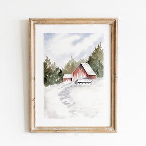 Red Barn Winter Landscape Print, Watercolor Landscape Art, Snowy Red Barn Wall Decor, Snowy Mountain Scene, Christmas Art, Holiday Decor