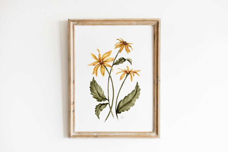 Yellow Watercolor Daisies Print, Cottage Botanical Art, Country Yellow Daisies Painting, Floral Nursery Art, Gallery Wall, Girls Room Decor image 1