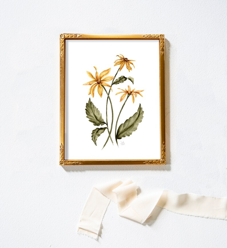 Yellow Watercolor Daisies Print, Cottage Botanical Art, Country Yellow Daisies Painting, Floral Nursery Art, Gallery Wall, Girls Room Decor image 4