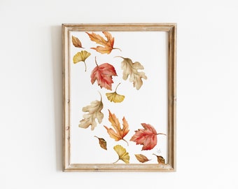 Autumn Leaves Print, Fall Leaves Wall Art, Watercolor Farmhouse Fall Decor