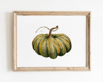 Vintage Green Pumpkin Print, Watercolor Pumpkin Wall Art, Fall Home Decor