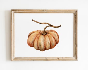 Vintage Orange Pumpkin Print, Watercolor Pumpkin Wall Art, Fall Home Decor