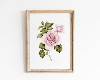 Roses Watercolor Print, Vintage Botanical Wall Art, Pink Roses Painting, Watercolor Painting, Pink Roses Farmhouse