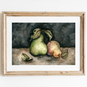 Muted Kitchen Print, Watercolor Pear Still Life, Fruit Still Life, Farmhouse Wall Art, Country Kitchen Print, Antique Pear Still Life