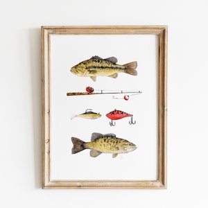 Largemouth and Smallmouth Bass Fish Print, Fishing Wall Art, Watercolor Fishing Rod, Lures, Father&#39;s Day Gift