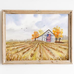May include: A watercolor painting of a white farmhouse with an American flag hanging from the side. The farmhouse is surrounded by a field of golden wheat and trees with fall foliage.