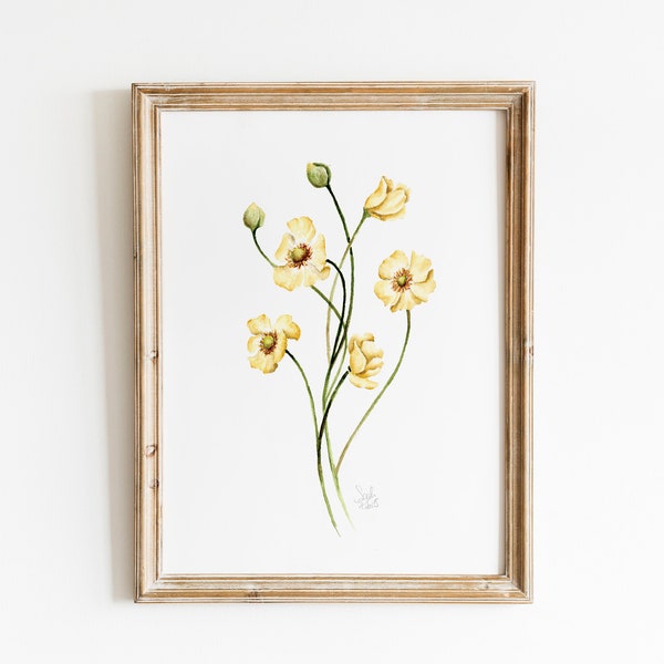 Yellow Buttercups Watercolor Print, Vintage Botanical Wall Art, Spring Yellow Floral Painting, Watercolor Painting, Farmhouse