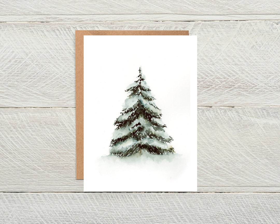Snowy Pine Tree Blank Cards, Christmas Watercolor Greeting Cards ...