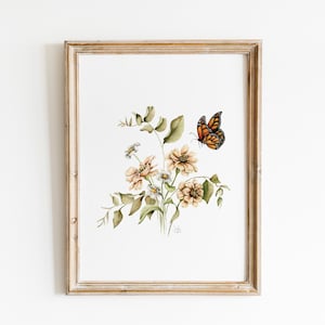 Zinnias and Monarch Butterfly Print, Watercolor Floral Print, Vintage Botanical Wall Art, Wildflower Wall Decor