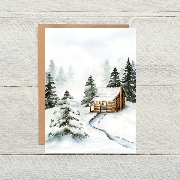 Mountain Cabin Blank Cards, Christmas Watercolor Greeting Cards, Holiday Card, Thank You Card