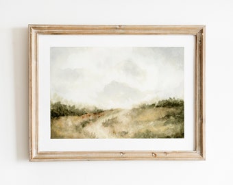 Serene Watercolor Landscape Print, Neutral Landscape, Path in a Field, Impressionist Painting, Vintage Nature Wall Art, Farmhouse decor