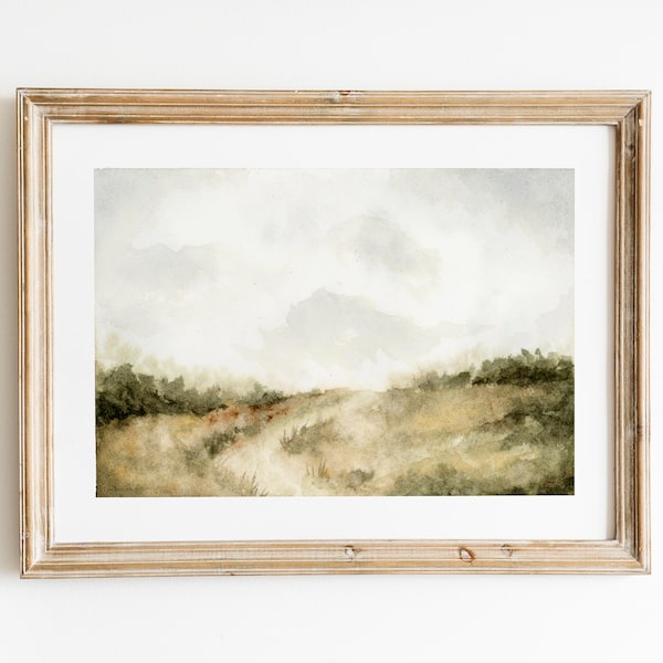 Serene Watercolor Landscape Print, Neutral Landscape, Path in a Field, Impressionist Painting, Vintage Nature Wall Art, Farmhouse decor