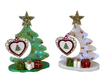 Handmade Resin Christmas Tree Decor with Photo Frame | LED Fairy Lights, Keepsake Decoration