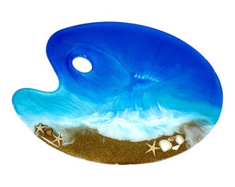 Ocean Resin Art Palette – Beach Themed Decorative Tray with Real Sand & Shells – Coastal Home Decor – Artist Gift