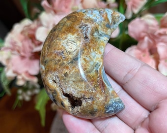 Zebra Agate Druzy Polished Crescent Moon/Crystal Carving/Gemstone Moon/Spiritual Decor/Gift Idea/Half Moon Carving/Hand Carved Moon