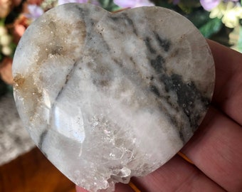 Zebra Calcite Heart: Polished Palm Stone with Quartz Crystals
