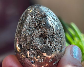 Polished Pyrite Crystal Egg Sphere from Peru with Druzy – Mineral Display Piece