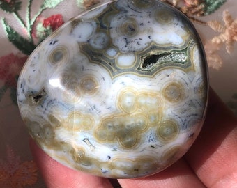 Polished 8th Vein Ocean Jasper Palm Stone with Druzy – Madagascar Gemstone Collector Piece
