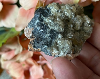 May include: A small, rough, gray and brown rock with a cluster of clear, light brown crystals on top.